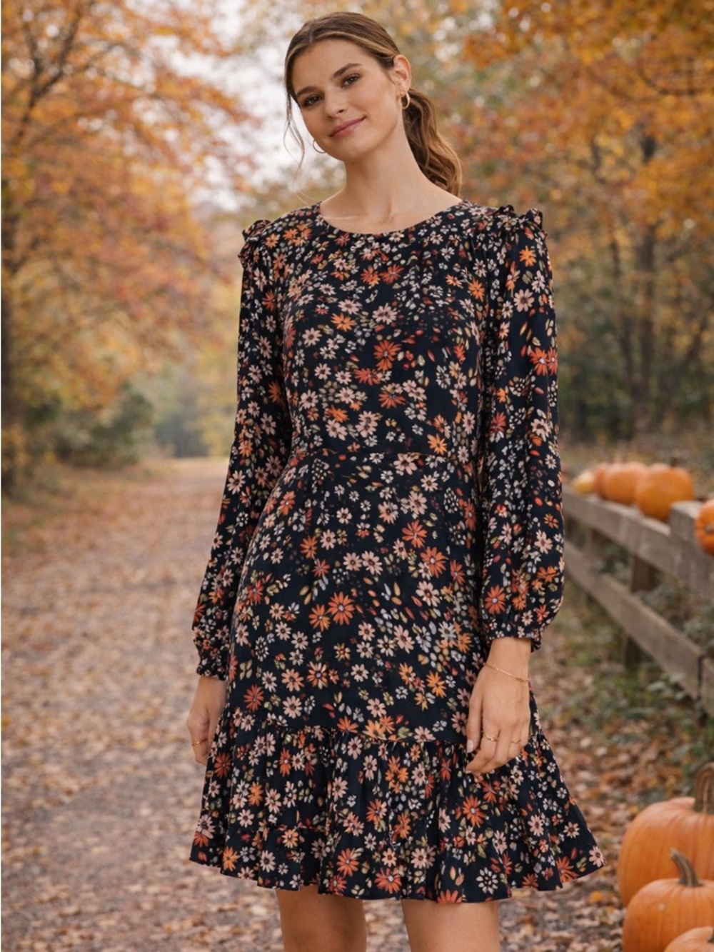 KACHEL X Anthropologie Black Multicolor Floral Long Sleeve Dress